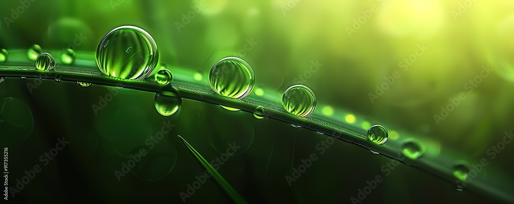 Fototapeta premium Close up macro shot of dew drops on a green leaf with bokeh background. Perfect for nature, freshness, and springtime themes.