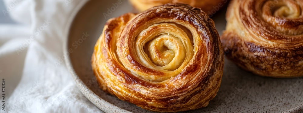 Fototapeta premium A plate of cram-sized pain au patis, their golden crusts glistening under the light and their interiors filled with creamy fillings