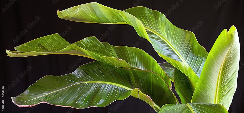Obraz premium Close up of vibrant green leaves of a Heliconia plant against a black background.