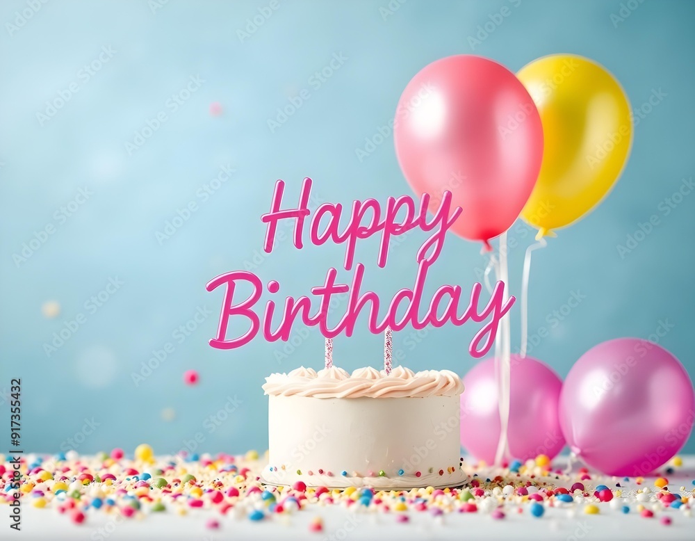 happy birthday cake text with candle and balloons background create with ai happy birthday cake text with candle and balloons background create with ai