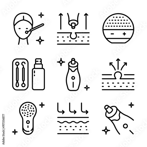 Electric facial cleanser. Facial cleansing Home Beauty Device outline icons set. Pore retexturizing. Treating blackheads and whiteheads. Isolated vector simple symbol.