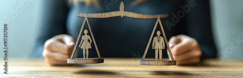 Businesswoman Holding Wooden Balance Scale with Male and Female Icons, Representing Gender Equality as a Fundamental Element of Human Diversity, Against Colored Background Banner, Mother’s Day Concept