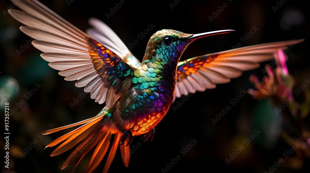 Obraz premium A colorful hummingbird soaring through the darkness.