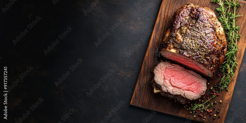 Fototapeta Grassfed Prime Rib Roast with Fresh Herbs on Rustic Wood Board