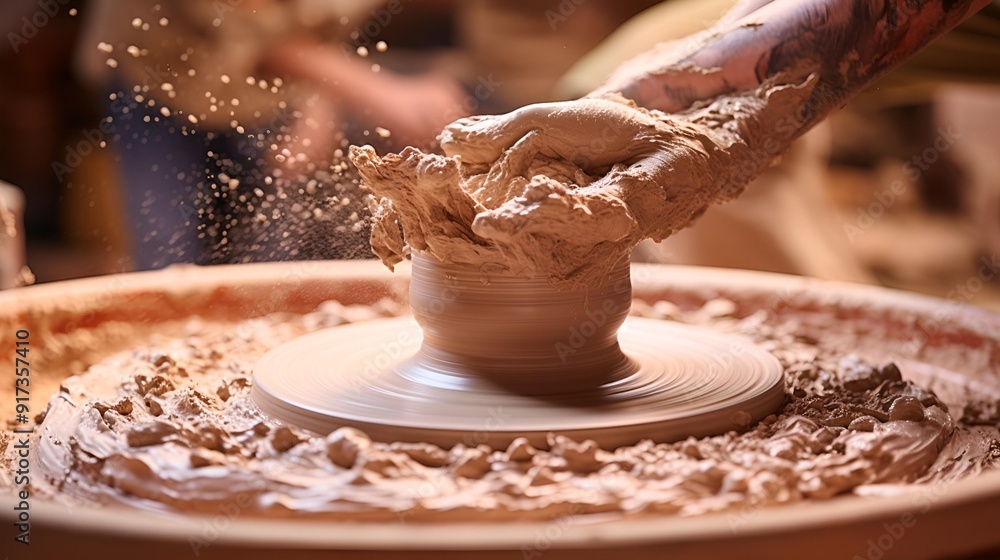 A skilled artisan shapes clay into a pot on a spinning potter's wheel. A skilled artisan shapes clay into a pot on a spinning potter's wheel.