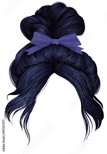black hair in a bun with a  bow. women's fashion, beauty, style.