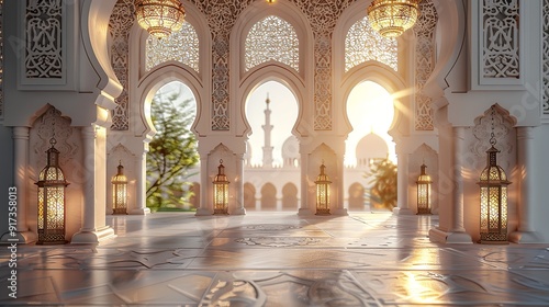 Modern architecture mosque and white luxury golden interior design background