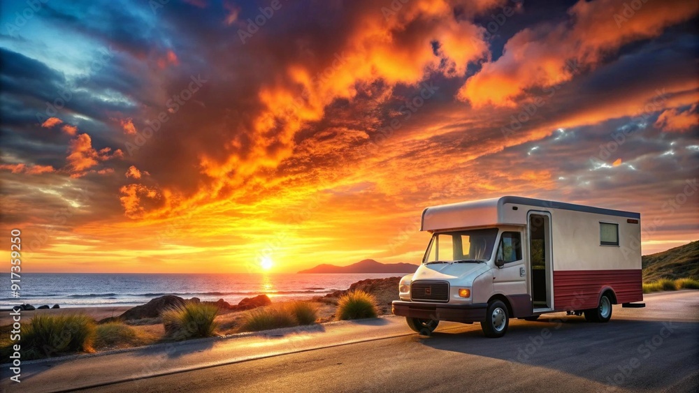 A Vibrant Taco Truck Silhouetted Against a Sunset Sky AI Generated A Vibrant Taco Truck Silhouetted Against a Sunset Sky AI Generated