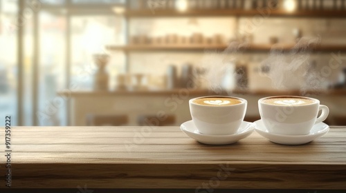 Wallpaper Mural Interior of a Coffee Shop with Steamy Cups on Table Torontodigital.ca