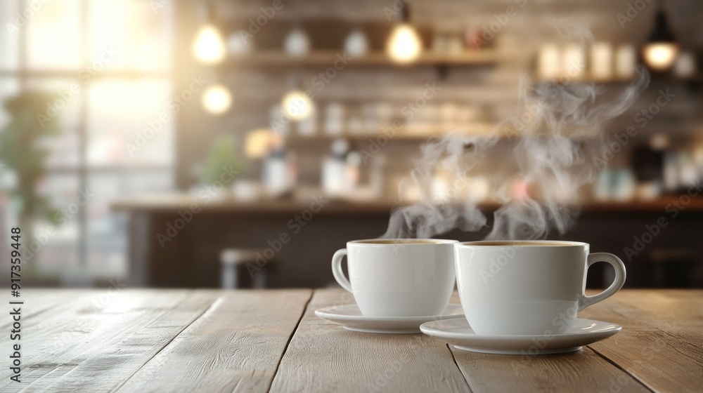 Interior of a Coffee Shop with Steamy Cups on Table Interior of a Coffee Shop with Steamy Cups on Table