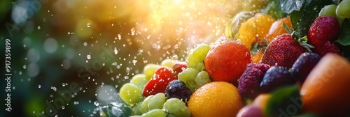 Fresh Fruit Sprinkled with Water Drops in Sunlight - A vibrant display of fresh fruit, including strawberries, grapes, oranges, and plums, with water droplets falling on them, representing health, fre photo