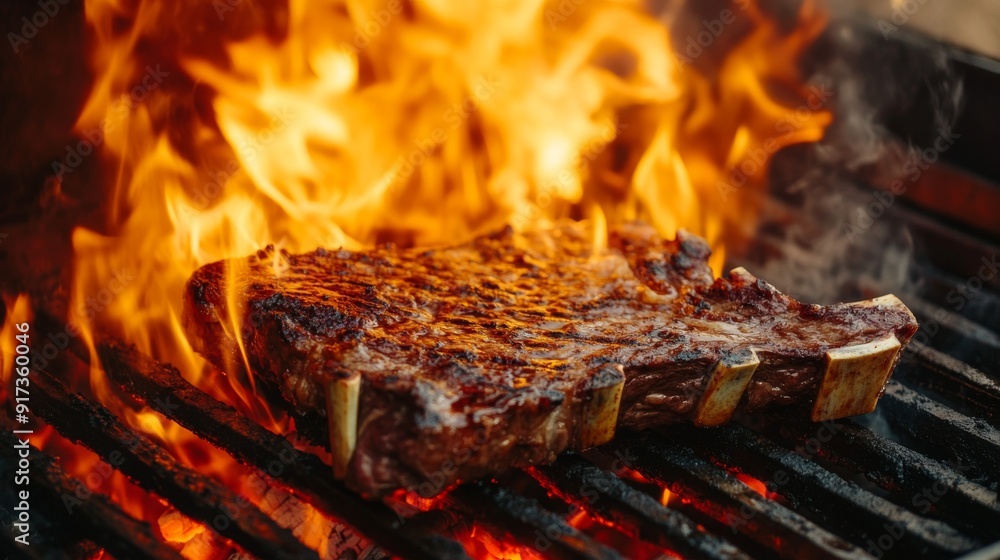Barbecue Grill Flames and Delicious T-Bone Steak Barbecue Grill Flames and Delicious T-Bone Steak