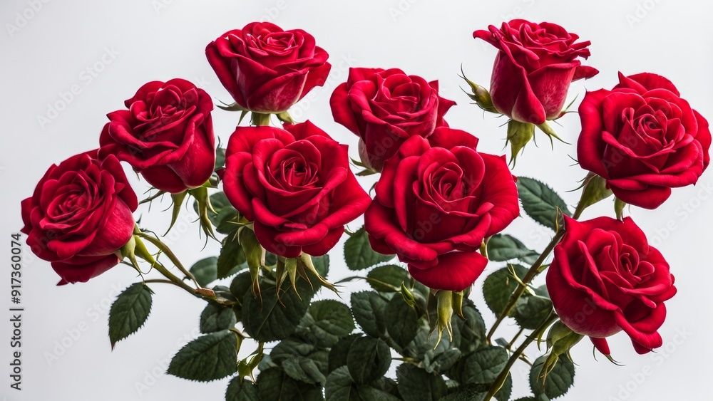 Lots of red roses in full bloom on a white background.