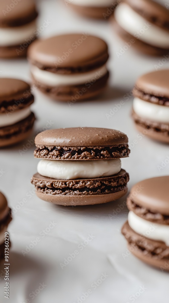A close-up of chocolate macarons with white cream filling, placed on a light beige surface. The macarons have glossy and slightly smooth surfaces, showcasing their delicate texture A close-up of chocolate macarons with white cream filling, placed on a light beige surface. The macarons have glossy and slightly smooth surfaces, showcasing their delicate texture
