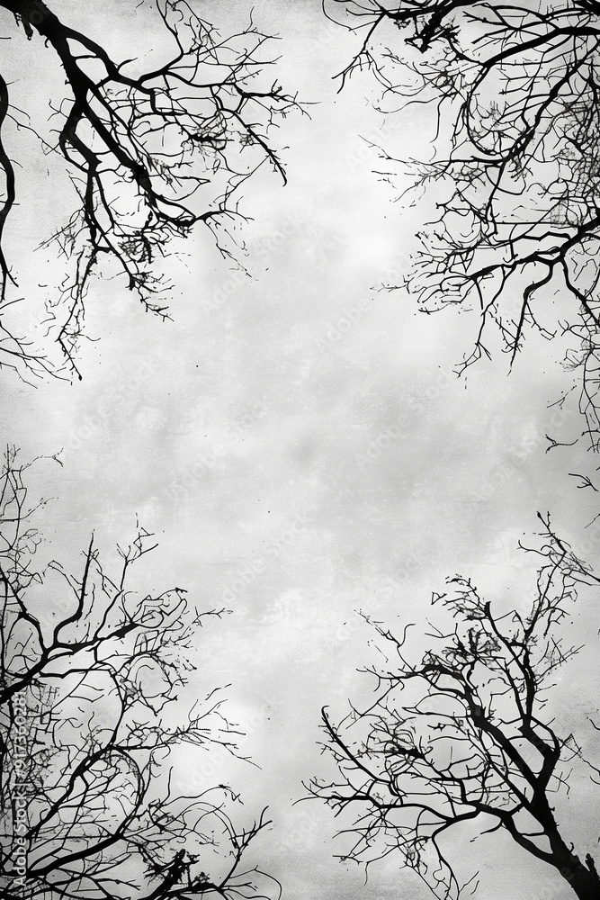 Obraz premium Gray background with a frame of abstract black and white branches intertwining , color pop contrast