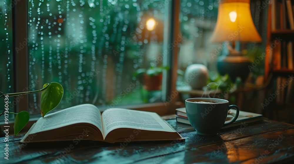 A cozy setup with a coffee cup and an open book on a table, rain softly hitting the window in the background, emphasizing a serene reading session, natural light, soft focus. --ar 16:9 --v 6.0 A cozy setup with a coffee cup and an open book on a table, rain softly hitting the window in the background, emphasizing a serene reading session, natural light, soft focus. --ar 16:9 --v 6.0