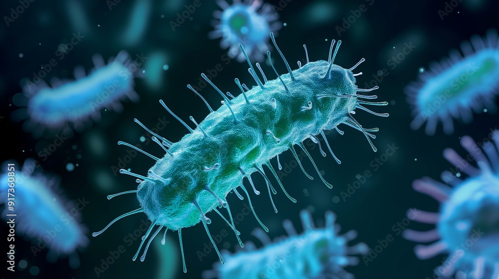 A detailed 3D rendering of a bacterium surrounded by other microorganisms in a dark, abstract background A detailed 3D rendering of a bacterium surrounded by other microorganisms in a dark, abstract background
