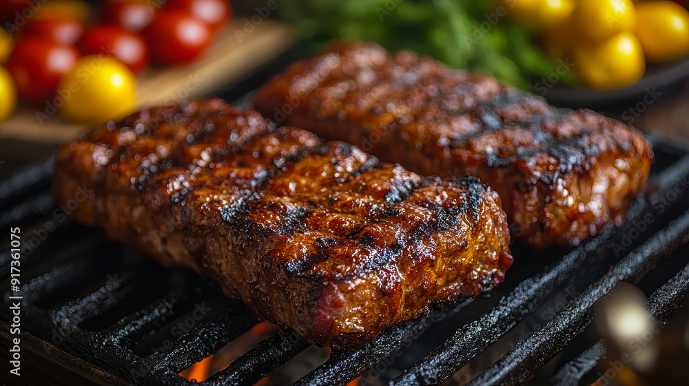 Juicy BBQ Steak Grilling Close-up at 4th of July Celebration - Patriotic Holiday Cookout with Patriotic Themes Juicy BBQ Steak Grilling Close-up at 4th of July Celebration - Patriotic Holiday Cookout with Patriotic Themes