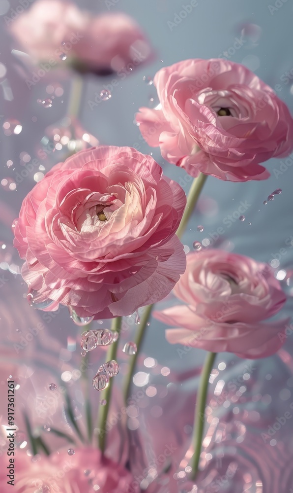 Pink ranunculus flowers with delicate petals, adorned with clear water drops, set against a soft blue background. This high-resolution photo captures the flowers from a side angle Pink ranunculus flowers with delicate petals, adorned with clear water drops, set against a soft blue background. This high-resolution photo captures the flowers from a side angle