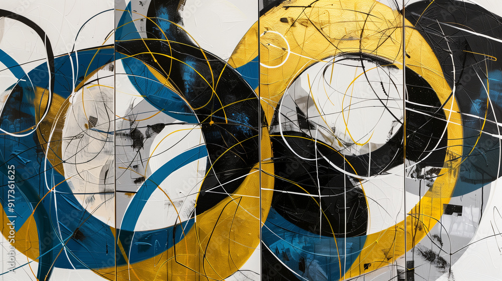 A set of paintings showcasing interconnected circular shapes with abstract lines in black, gold, white, and blue , a set of paintings interconnected by abstract lines of black, gol A set of paintings showcasing interconnected circular shapes with abstract lines in black, gold, white, and blue , a set of paintings interconnected by abstract lines of black, gol