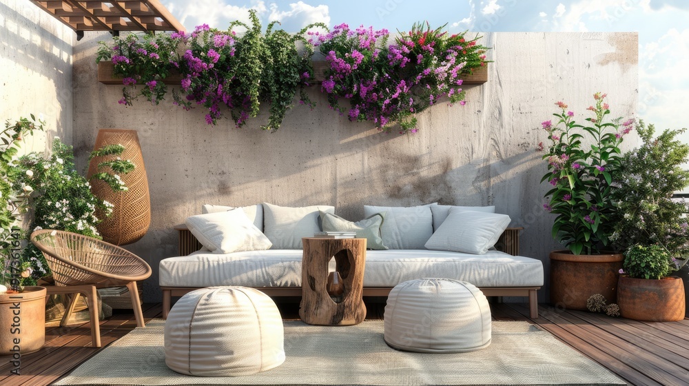 Modern Scandinavian Rooftop Design with Floral Decor and Potted Plants Modern Scandinavian Rooftop Design with Floral Decor and Potted Plants