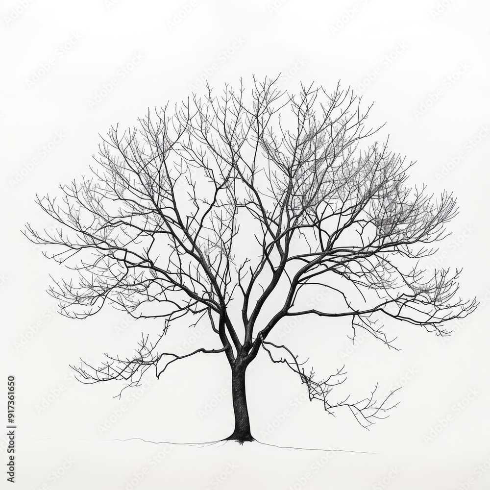Elegant line art of a bare autumn tree with intricate branches on a white background Elegant line art of a bare autumn tree with intricate branches on a white background