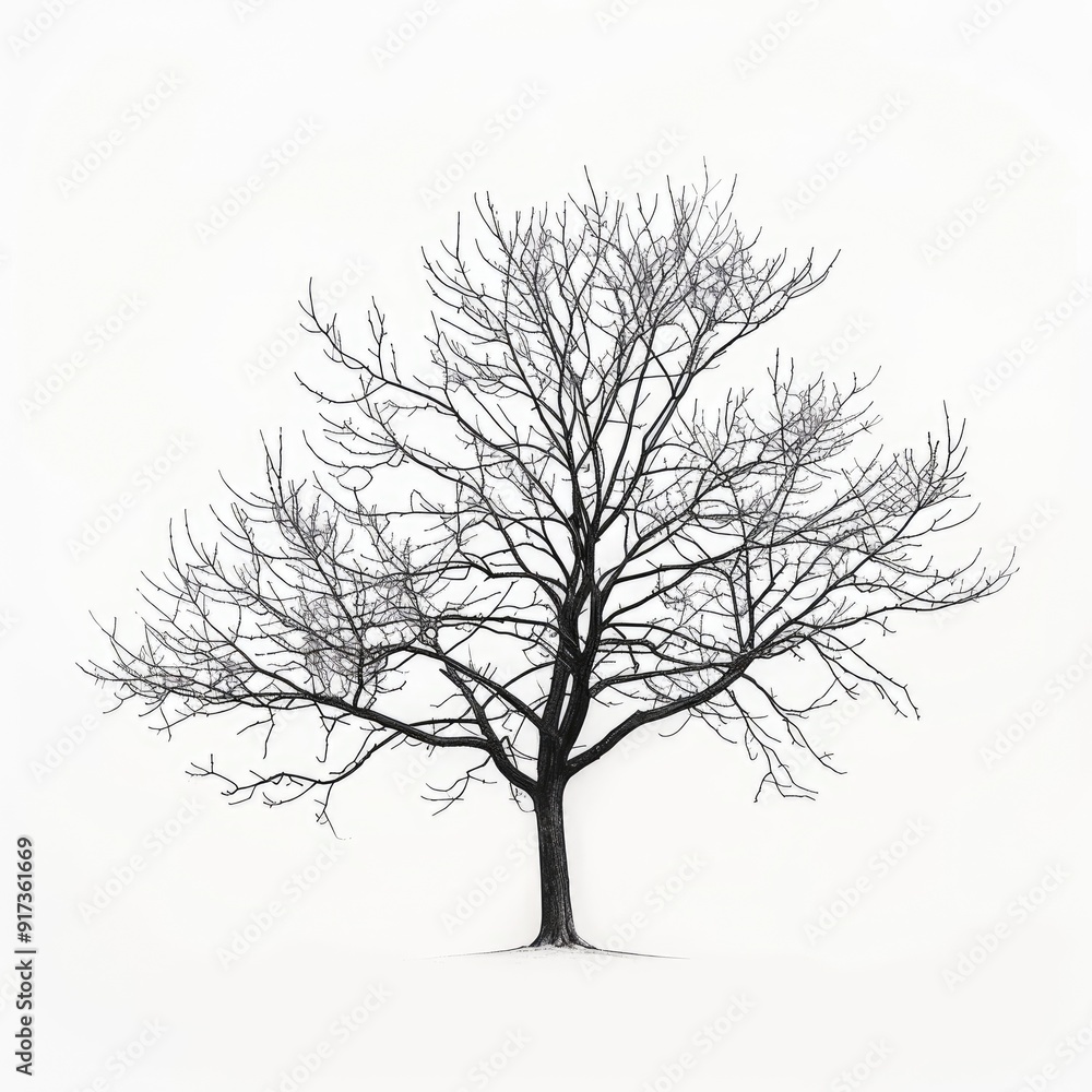 Delicate line art of a bare autumn tree with intricate branches on a white background Delicate line art of a bare autumn tree with intricate branches on a white background