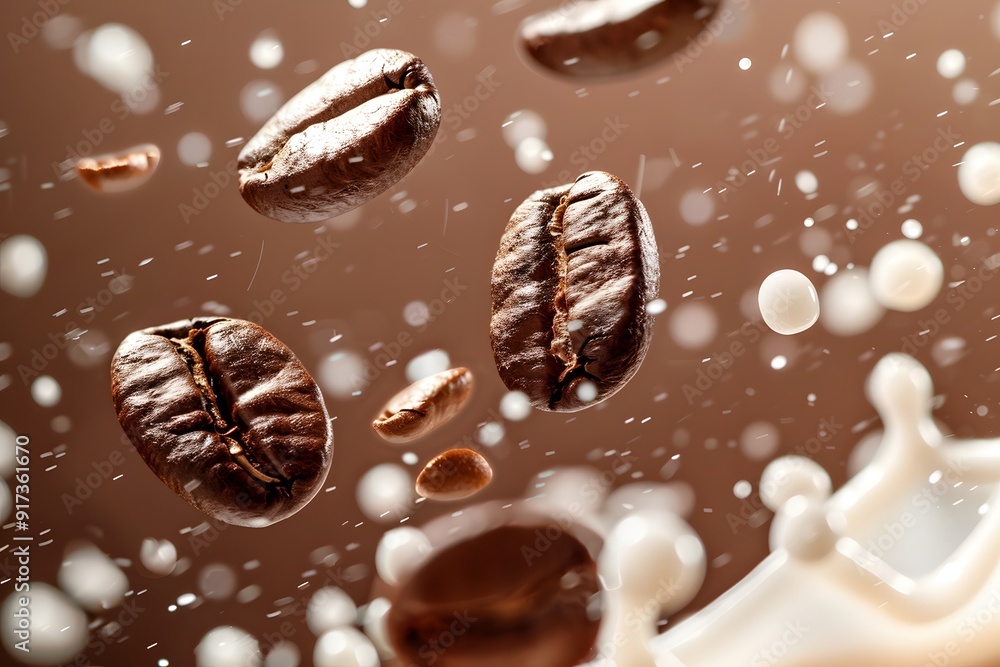 Coffee beans splashing into milk with droplets in motion, close-up macro shot for food and beverage advertising, rich texture and dynamic composition Coffee beans splashing into milk with droplets in motion, close-up macro shot for food and beverage advertising, rich texture and dynamic composition