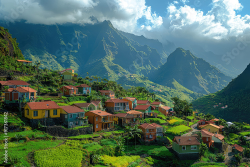 Wallpaper Mural Charming mountain village with colorful houses, lush greenery, and towering peaks beneath a partly cloudy sky captures nature's serene beauty. Torontodigital.ca