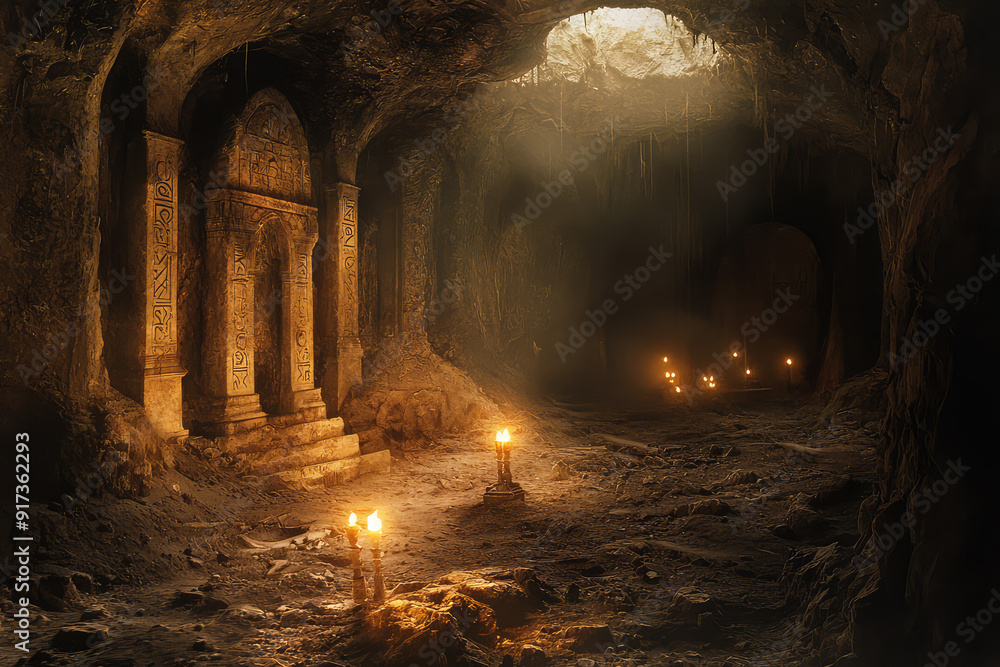 Discover a secret underground chamber dimly illuminated by flickering candles, evoking an aura of mystery and ancient civilization secrets. Discover a secret underground chamber dimly illuminated by flickering candles, evoking an aura of mystery and ancient civilization secrets.