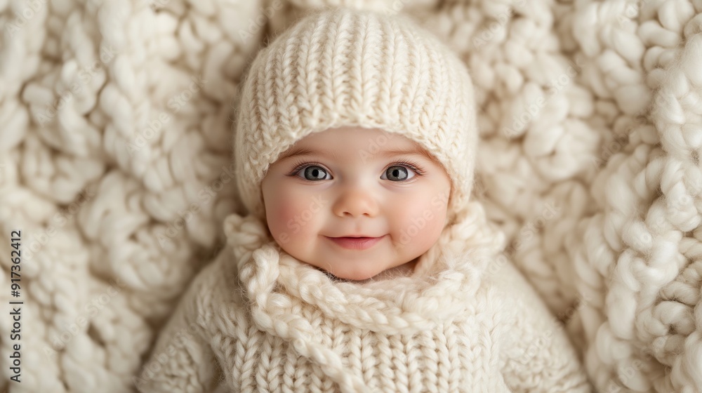 A smiling baby wearing a cozy knitted hat and sweater, lying on a soft, textured blanket A smiling baby wearing a cozy knitted hat and sweater, lying on a soft, textured blanket