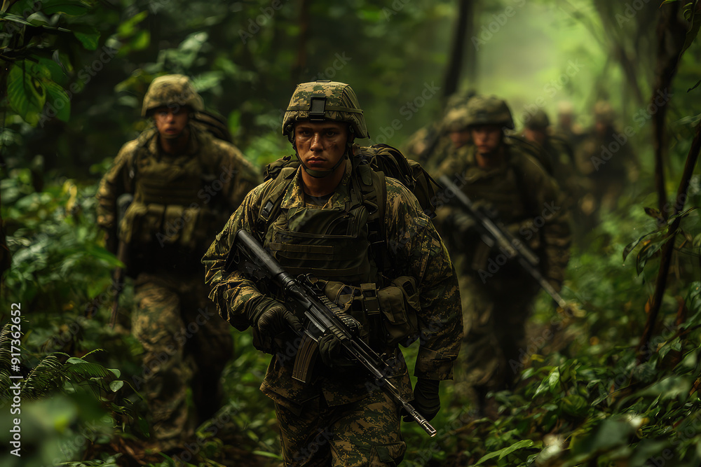 A Determined Squad of Diverse Soldiers Navigates a Dense Jungle, Ready for Any Challenge that Awaits in the Shadowy, Verdant Wilderness A Determined Squad of Diverse Soldiers Navigates a Dense Jungle, Ready for Any Challenge that Awaits in the Shadowy, Verdant Wilderness