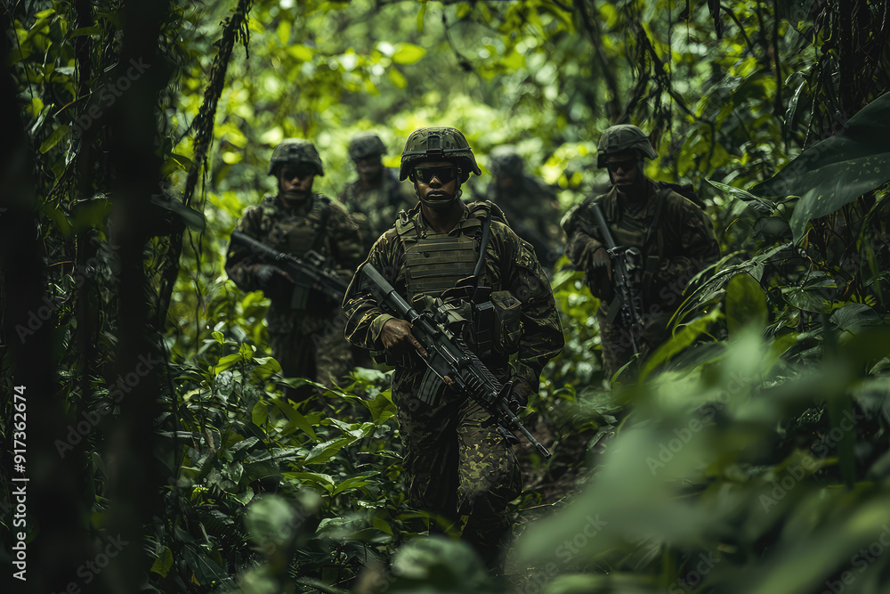 Intense jungle mission: Soldiers advance cautiously through dense foliage, alert and determined to complete their high-stakes operation. Intense jungle mission: Soldiers advance cautiously through dense foliage, alert and determined to complete their high-stakes operation.