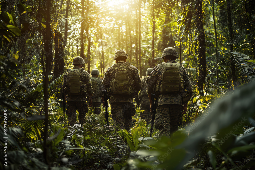 Fototapeta premium A squad of diverse soldiers cautiously navigates a dense jungle, surrounded by lush greenery, bathed in the golden glow of a setting sun.