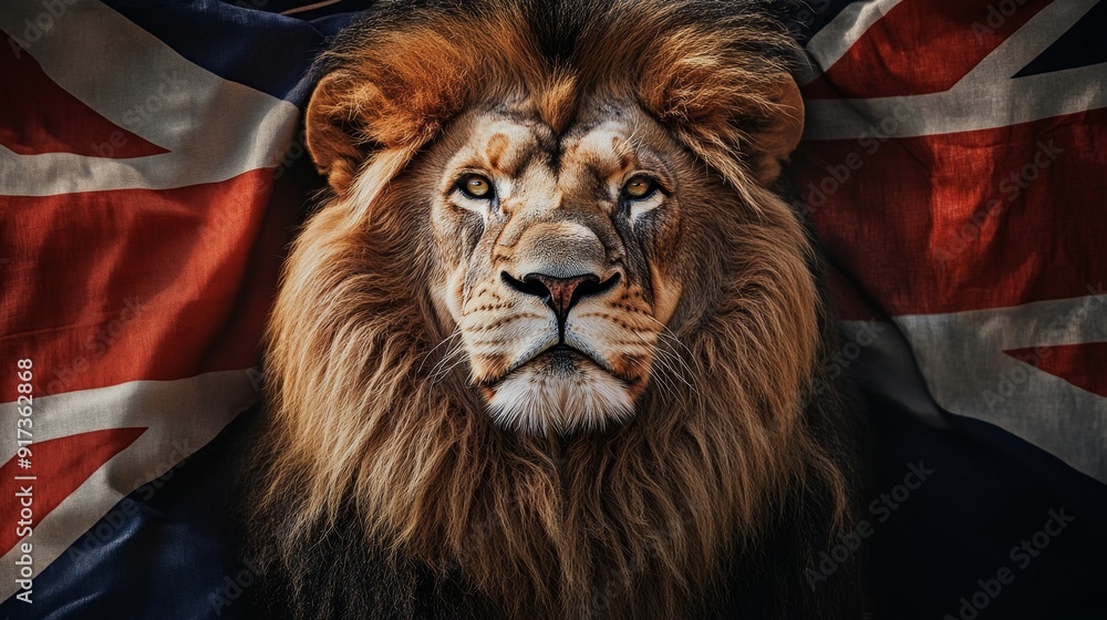Majestic Lion with British Flag Background A powerful lion with a