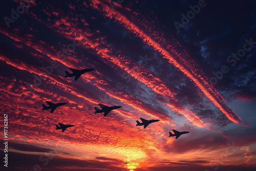 A squadron of fighter jets slices through a fiery, dramatic sky at sunset, showcasing a powerful blend of military precision and natural beauty. photo