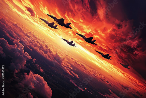 A squadron of fighter jets soars through dramatic fiery skies, capturing the essence of speed, power, and precision in a breathtaking aerial display. photo