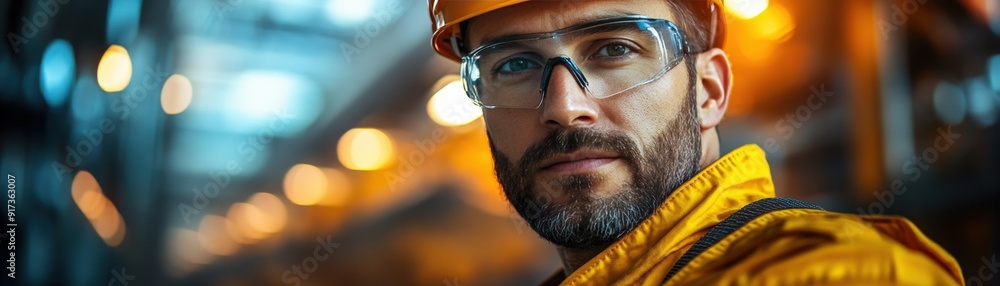 Portrait of a worker in uniform holding a small flag, with a sunset-lit industrial backdrop, symbolizing labor and national pride, [Labor Day patriotism], [strength and dedication]