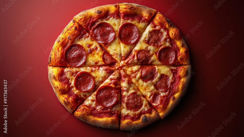 A pepperoni pizza on a red background A pepperoni pizza on a red background