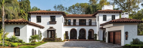 Mediterranean Style Home with Lush Greenery and Cobblestone Driveway - This Mediterranean style home boasts a white stucco exterior with terracotta tile roofing, lush landscaping, a cobblestone drivew photo