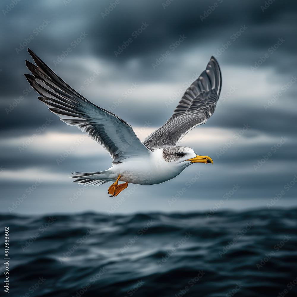 Seagull Soaring Over the Ocean Under Stormy Sky Seagull Soaring Over the Ocean Under Stormy Sky