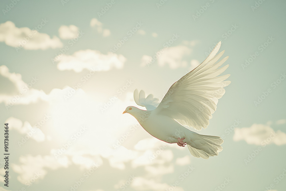 Obraz premium A white dove gracefully soars through the sky, delivering a message of peace and hope, illuminated by the golden glow of the setting sun.