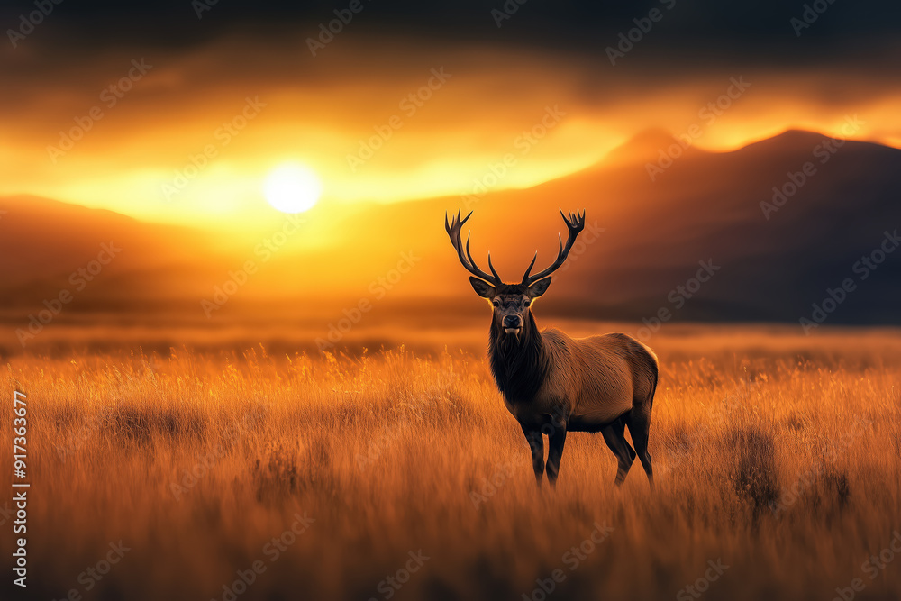 Obraz premium Stag Standing in Golden Field During Sunset with Mountains