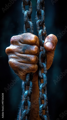 A worker's hand breaking through chains, symbolizing the struggle for freedom and rights on Labor Day, [Labor Day concept], [breaking barriers].