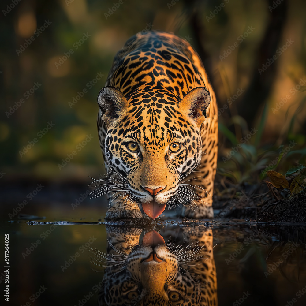Majestic Jaguar Drinking Water in Natural Habitat