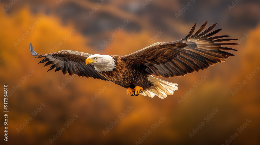 Majestic Bald Eagle Soaring Over Autumn Forest