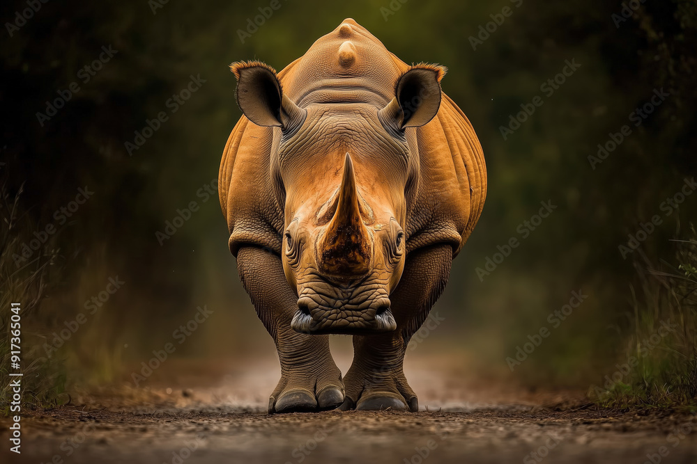 Powerful Rhinoceros Walking on a Dusty Path in Nature