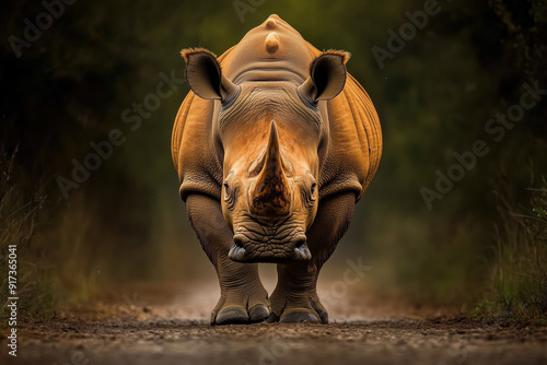 Obraz na płótnie Powerful Rhinoceros Walking on a Dusty Path in Nature w salonie