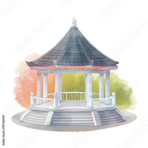 Ancient Chinese architecture pavilion watercolor 