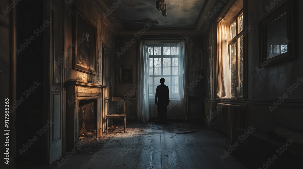 Ghostly Figure in an Old Abandoned House - Eerie Haunted Interior Scene Ghostly Figure in an Old Abandoned House - Eerie Haunted Interior Scene